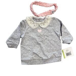 NWT Little Me Baby Girl 3M Sweatshirt Top Only Gray Silver Polka Dots Headband